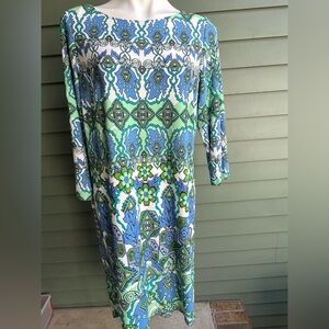 London Times Vibrant Green and Blue Long Sleeve Dress